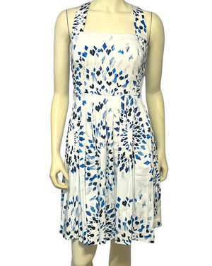 WHBM Sz 4 Halter Sundress Fit & Flare Pleats White & Blue Kaleidoscope Print New